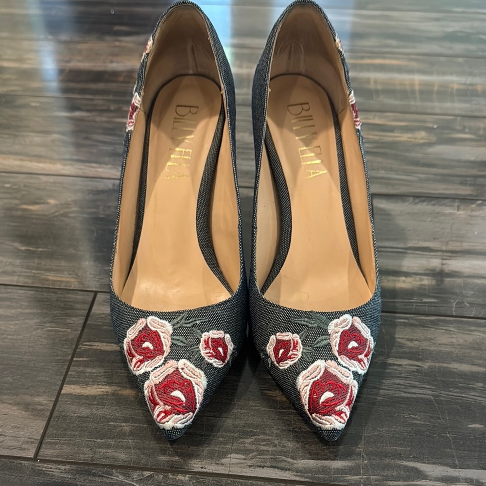 Denim Floral Embroidered Heels